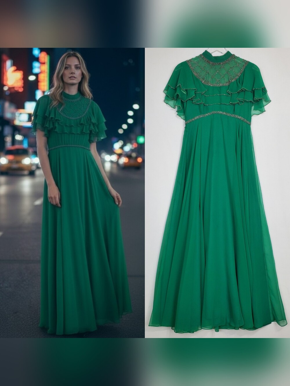 Vintage Mike Benet ruffle rhinestone fit flare gown green luxury 70s 80s party